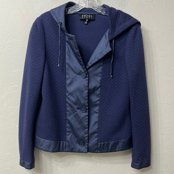 Escada Sport blue quilted hooded button down jacket size 38. - Picture 1 of 11